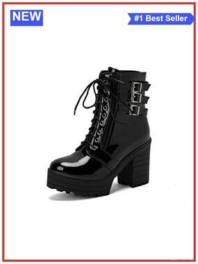 Womens Platform Chunky Heel Patent Leather Ankle Boots Buckled Booties